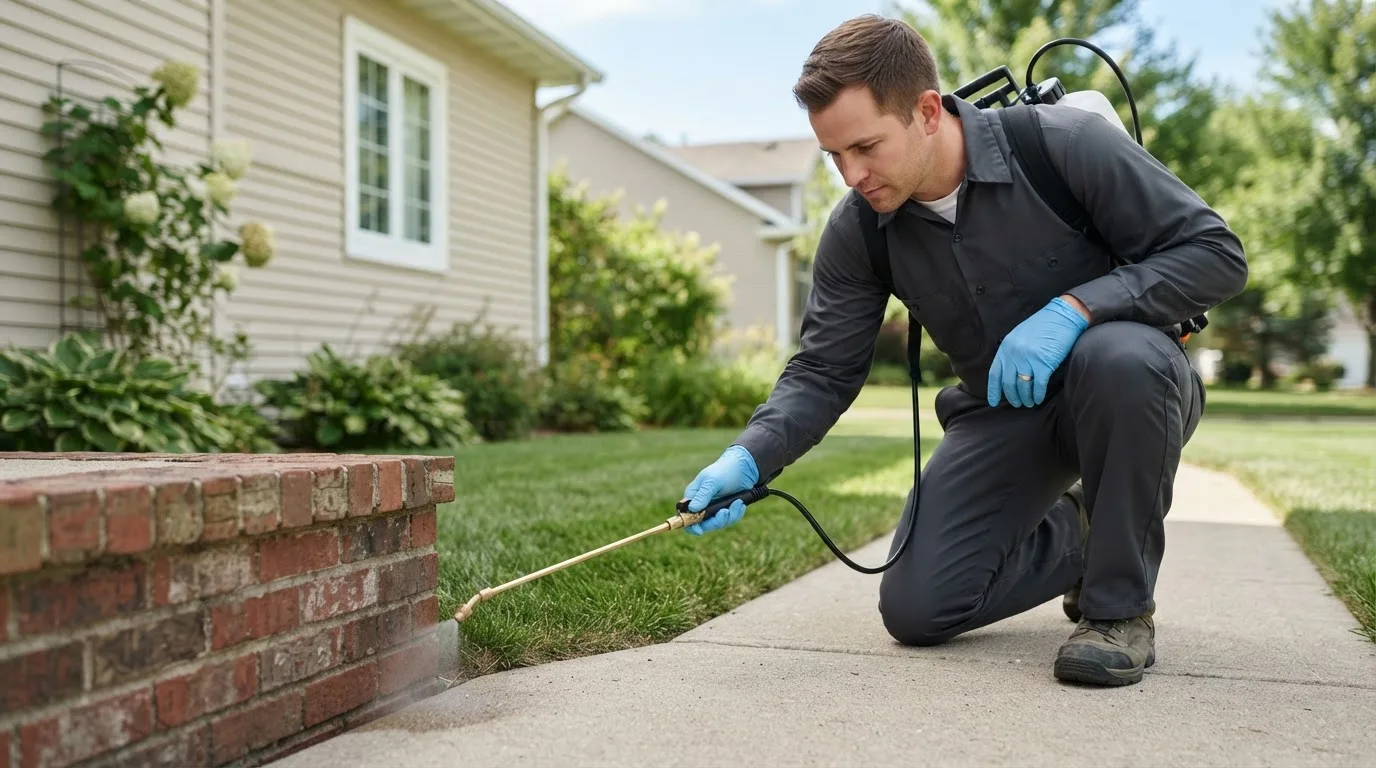 Pest control technician treating a home near Cedar Bluffs, NE